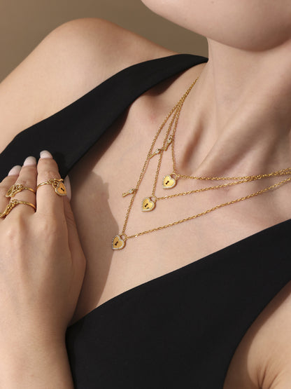 B廠【TXP299】歐美不銹鋼5A鋯石愛心鎖頭鑰匙棍吊墜鎖骨項鍊戒指飾品套裝 25.07-2