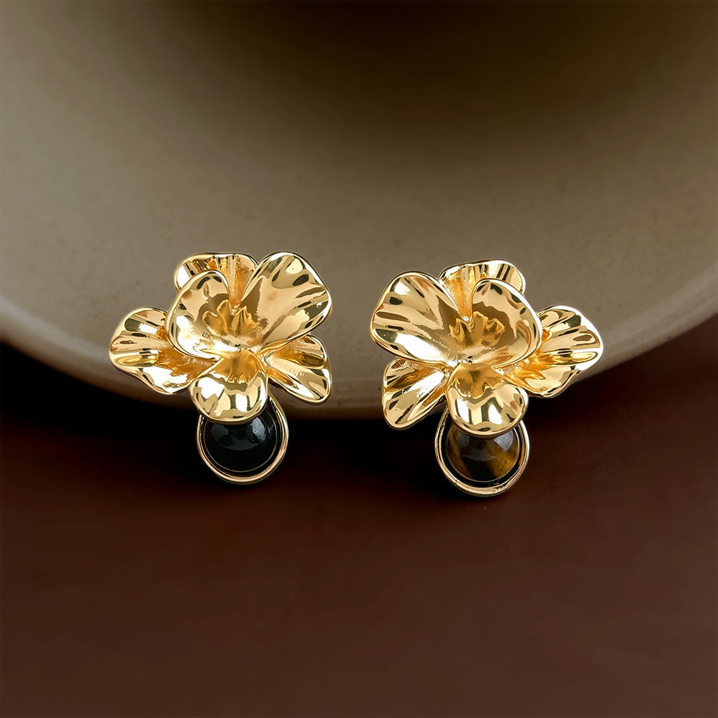 A廠【8413】虎眼石美拉德花朵文藝復古天然石耳釘飾品
 26.10-4