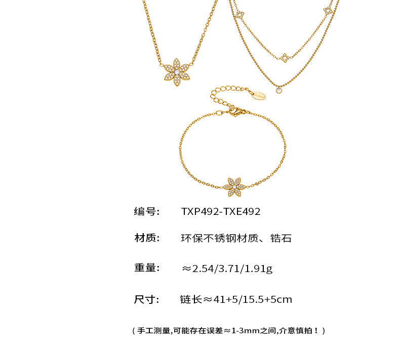 B廠【TXP492】簡約時尚花朵滿鑽鋯石吊墜雙層疊戴項鍊不銹鋼手鍊戒指套裝
 25.11-4