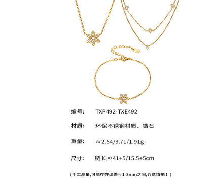 B廠【TXP492】簡約時尚花朵滿鑽鋯石吊墜雙層疊戴項鍊不銹鋼手鍊戒指套裝
 25.11-4