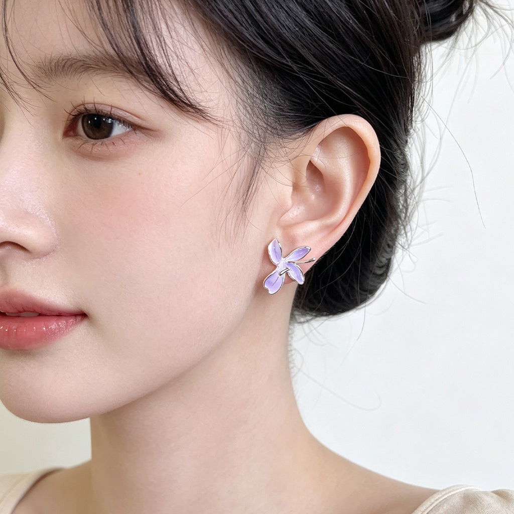 A廠【8249】 清新甜美優雅氣質琺琅滴釉手工彩繪淺紫鳶尾花丁香花耳飾耳釘
 26.09-4