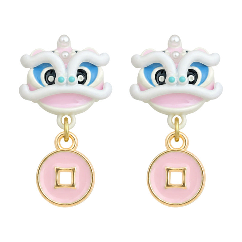 A廠【7343】個性小眾醒獅送財粉色滴釉清新甜美舞獅耳飾女可愛甜美耳環
 26.01-2