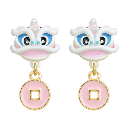 A廠【7343】個性小眾醒獅送財粉色滴釉清新甜美舞獅耳飾女可愛甜美耳環
 26.01-2