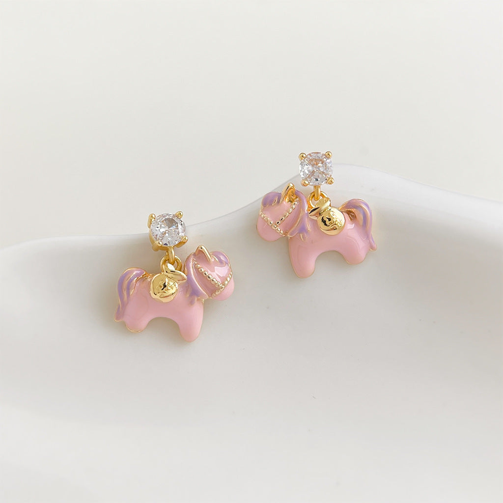 A廠【7244】原創溫柔甜美可愛粉紅小馬高顏值S925銀針鋯石彩繪琺瑯滴釉耳飾耳環
 25.12-3