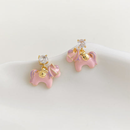 A廠【7244】原創溫柔甜美可愛粉紅小馬高顏值S925銀針鋯石彩繪琺瑯滴釉耳飾耳環
 25.12-3