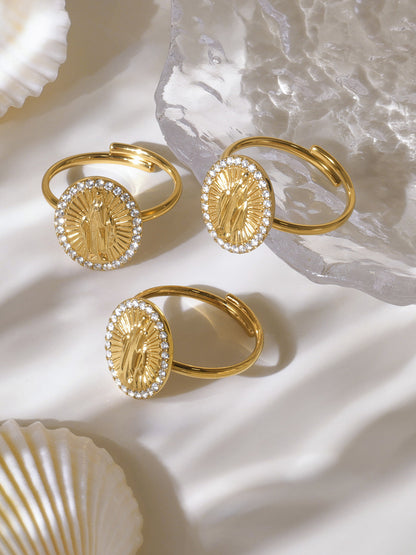 B廠【TXF325】超閃5A鋯石圓牌耶穌滿鑽設計耳環戒指組不鏽鋼18k鍍真金 25.08-2