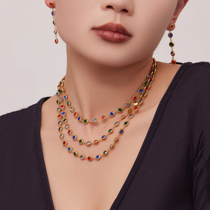 B廠【TXP552】chic奢華5A圓鋯拼接不鏽鋼手鍊項鍊精緻時尚氣質彩鑽流蘇耳環套裝
 26.03-2