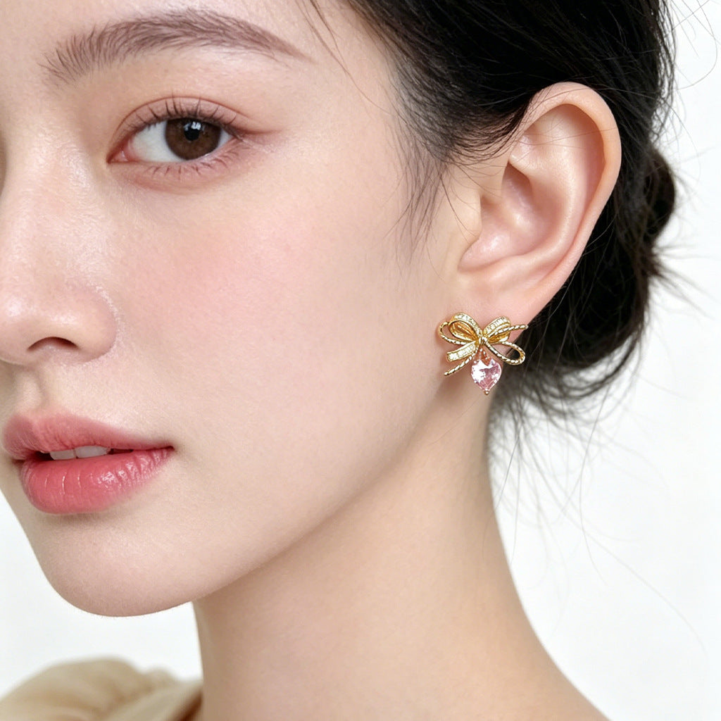 A廠【7709】原創清新甜美微鑲鋯石粉色蝴蝶結愛心耳飾飾品耳環
 26.06-1