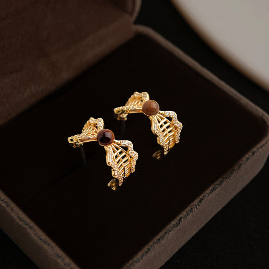 A廠【7267】文藝復古蕾絲邊美拉德風虎眼石微鑲鋯石幾何中古風耳飾耳環女
 25.12-4