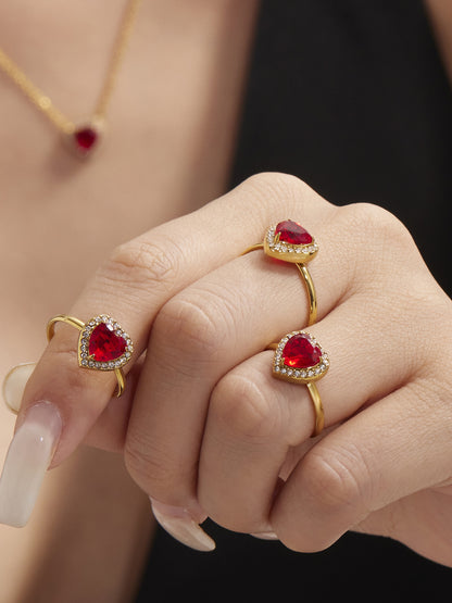 B廠【TXP354】新款紅色玻璃愛心滿鑽鎖骨項鍊耳環戒指不銹鋼材質飾品套裝 25.08-2