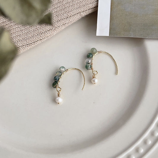 A廠【3909】森系天然石綠水草耳環小清新原創手工藝小眾設計感鍍14K極簡耳飾女
 26.04-3