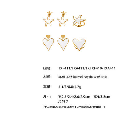 B廠【TXF410】天然貝殼滴油大小愛心耳環戒指不鏽鋼材質跨境熱銷時尚飾品
 25.10-1