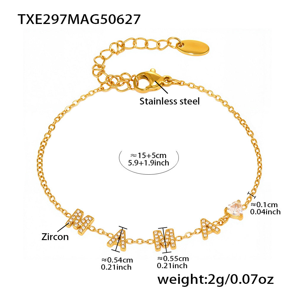 B廠【TXP297】MAMA字母愛心5A黏鑽母親節項鍊手鍊套裝不銹鋼材質18k鍍金 25.07-1
