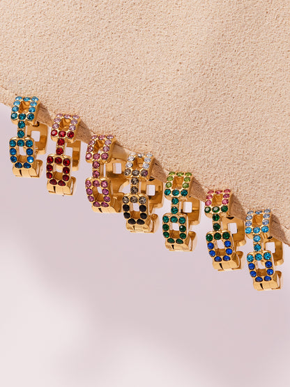 B廠【F659】方塊彩鑽鋯石超閃精緻小耳扣耳環不鏽鋼鍍18k真金百搭耳飾
 25.11-1