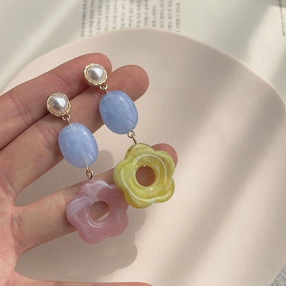 A廠【3728】春夏清新甜美不對稱撞色花朵耳環元氣少女感藍色粉紅色手工可愛耳飾
 26.08-1