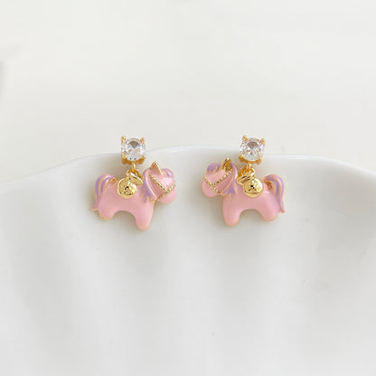 A廠【7244】原創溫柔甜美可愛粉紅小馬高顏值S925銀針鋯石彩繪琺瑯滴釉耳飾耳環
 25.12-3