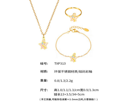 B廠【TXP313】飾品卡通可愛獨角獸滴油項鍊手鍊戒指套裝不銹鋼材質 25.07-3