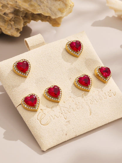 B廠【TXP354】新款紅色玻璃愛心滿鑽鎖骨項鍊耳環戒指不銹鋼材質飾品套裝 25.08-2