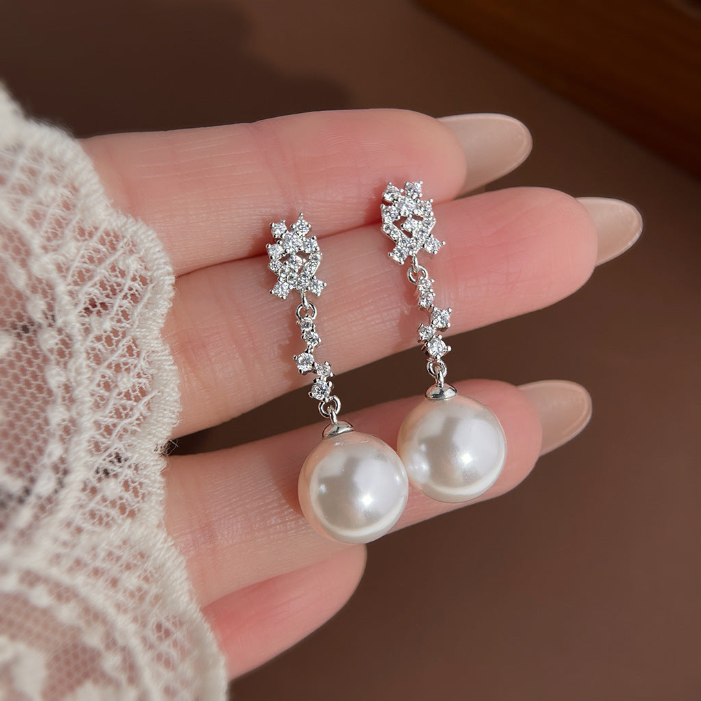 A廠【7394】春夏微鑲鋯石清新甜美氣質優雅925銀針新款大珍珠耳環耳飾女
 26.02-4