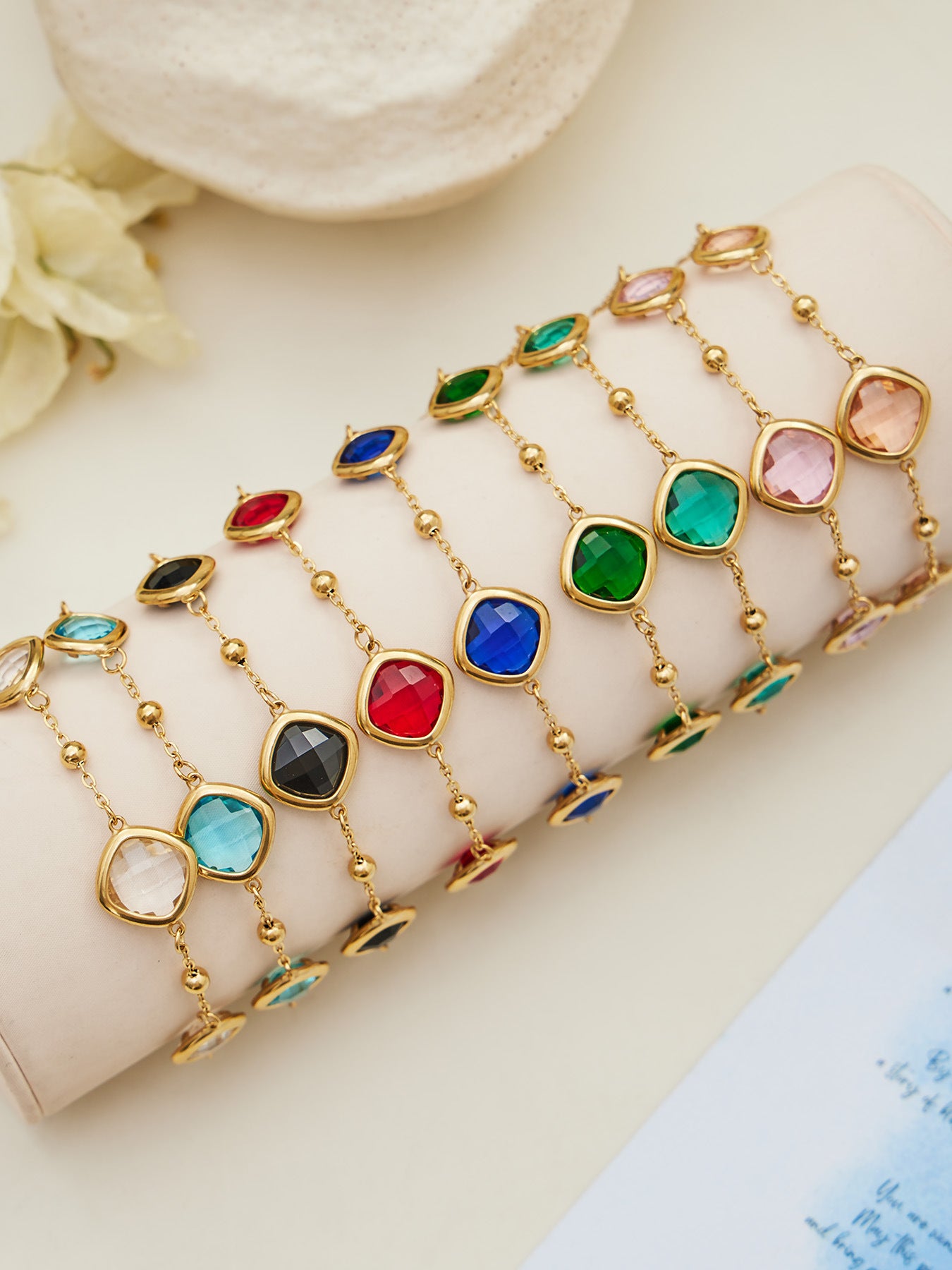 B廠【TXP517】不銹鋼方形切麵包邊玻璃石吊墜耳環項鍊手鍊珠寶首飾套裝鍍18k金
 25.12-2