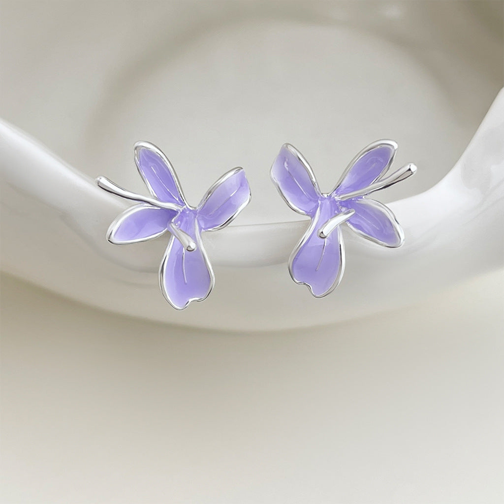 A廠【8249】 清新甜美優雅氣質琺琅滴釉手工彩繪淺紫鳶尾花丁香花耳飾耳釘
 26.09-4