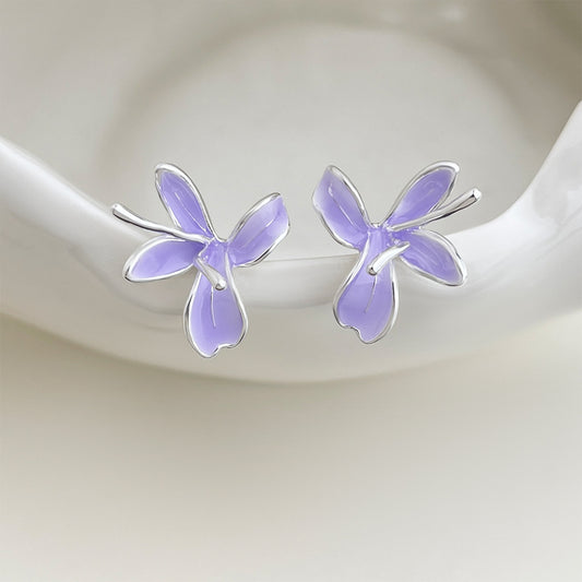 A廠【8249】 清新甜美優雅氣質琺琅滴釉手工彩繪淺紫鳶尾花丁香花耳飾耳釘
 26.09-4