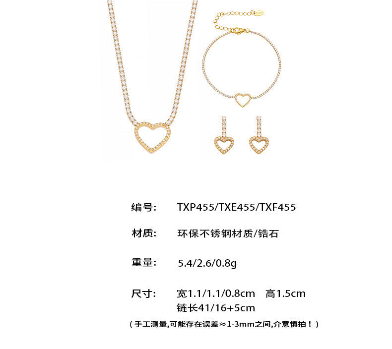 B廠【TXP455】不銹鋼滿鑽愛心鋯石項鍊手鍊耳環 鍍18k金歐美時尚輕奢首飾
 25.10-4