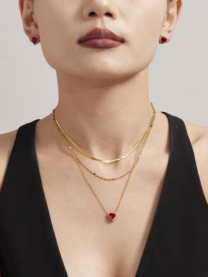 B廠【TXP354】新款紅色玻璃愛心滿鑽鎖骨項鍊耳環戒指不銹鋼材質飾品套裝 25.08-2