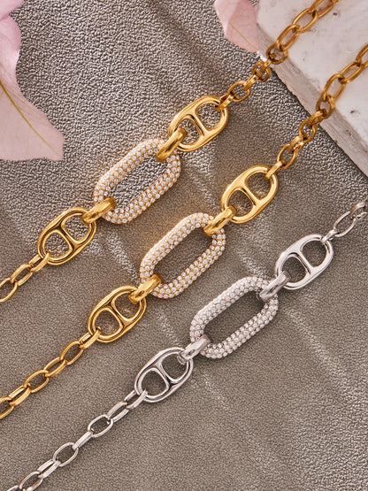 B廠【E223】歐美風氣質百搭日字微鑲鋯石手鍊組合不鏽鋼鍍18k真金時尚冷淡風
 26.03-2