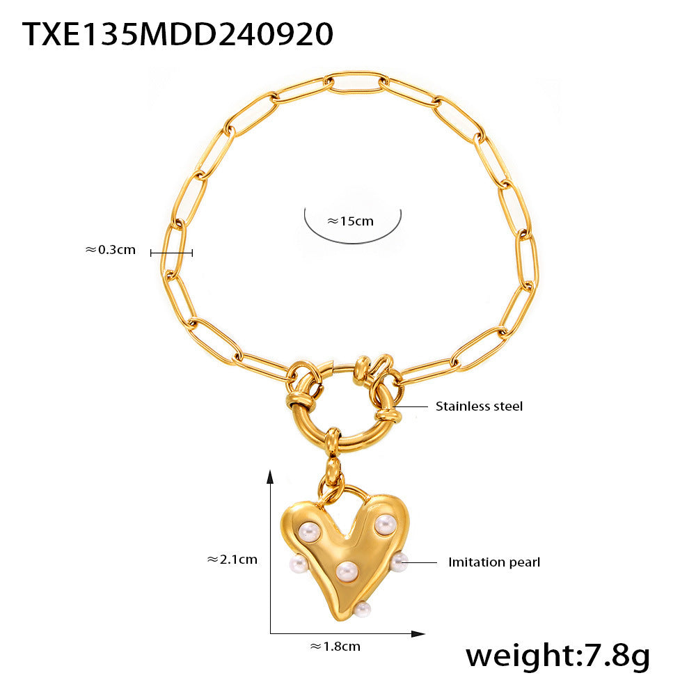 B廠【TXP135】歐美風新款愛心鑲仿珍珠首飾不鏽鋼PVD電鍍項鍊耳環戒指手鍊套裝 24.09-4