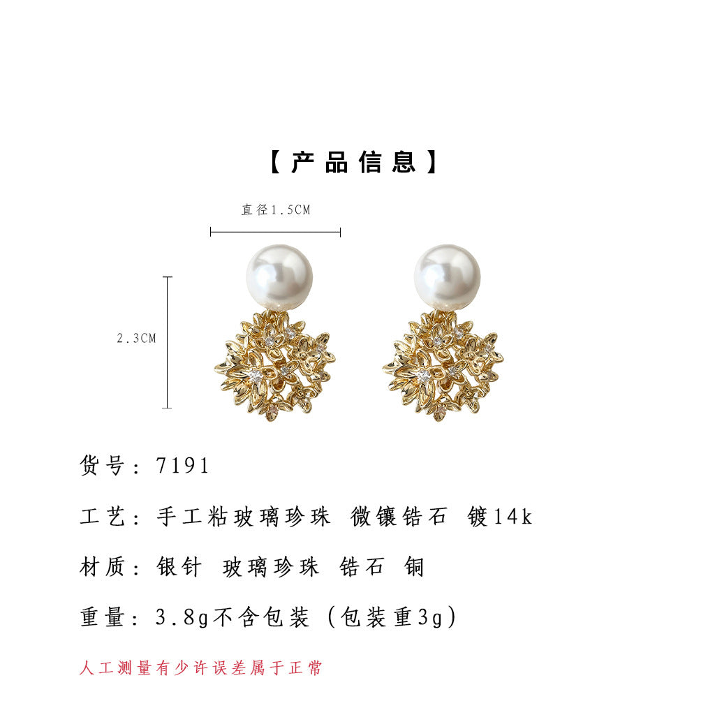 A廠【7191】原創繡球花朵925銀針微鑲鋯石玻璃珍珠時尚高級感新款耳環女
 25.12-2