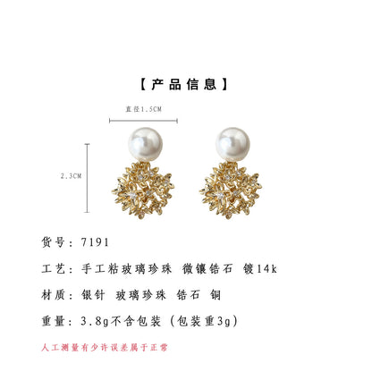 A廠【7191】原創繡球花朵925銀針微鑲鋯石玻璃珍珠時尚高級感新款耳環女
 25.12-2
