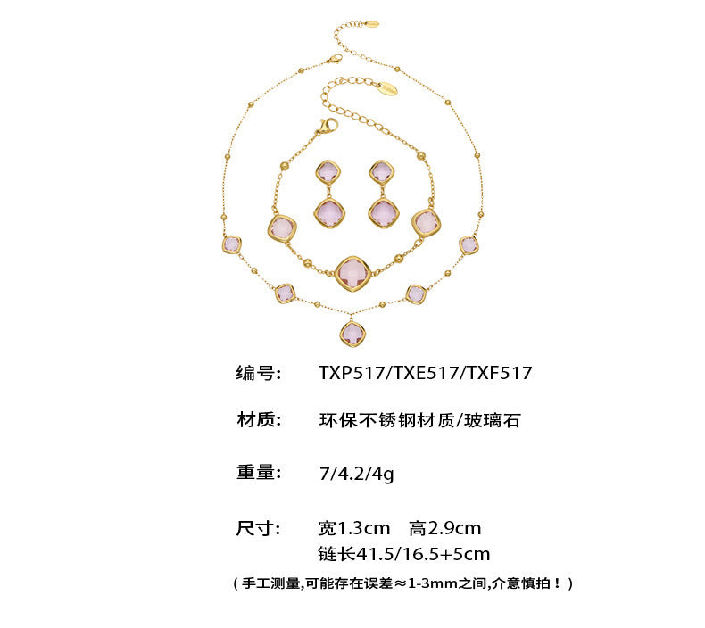 B廠【TXP517】不銹鋼方形切麵包邊玻璃石吊墜耳環項鍊手鍊珠寶首飾套裝鍍18k金
 25.12-2