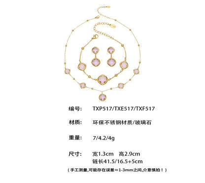 B廠【TXP517】不銹鋼方形切麵包邊玻璃石吊墜耳環項鍊手鍊珠寶首飾套裝鍍18k金
 25.12-2