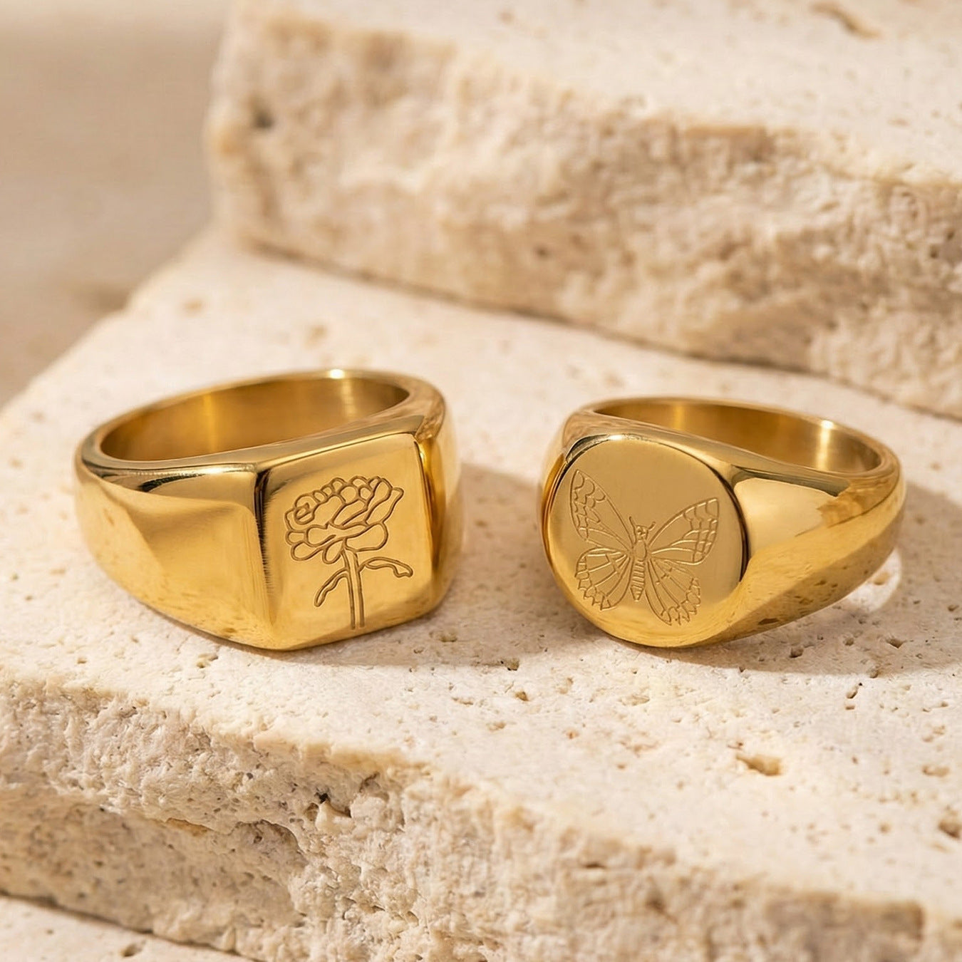 B廠【A271】不鏽鋼鍍18k真金雕刻蝴蝶牡丹花朵戒指ins風小眾輕奢設計感手環女
 26.01-1