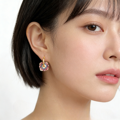 A廠【7378】時尚高級感手工彩繪琺瑯滴釉紋樣國潮幾何宮廷風耳飾小眾設計耳環
 26.01-4