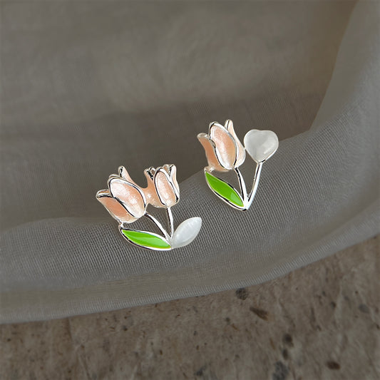 A廠 【4720】清新甜美通勤鬱金香耳環不對稱玻璃貓眼石花朵高級感氣質學生耳飾
 26.03-3