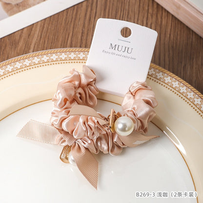 C廠【B269】2條卡裝髮繩韓版珍珠飄帶皮筋高級感褶皺小腸髮圈頭飾高馬尾頭繩 25.02-2「C廠-單筆結帳需滿，NT$500出貨(不含運費)」