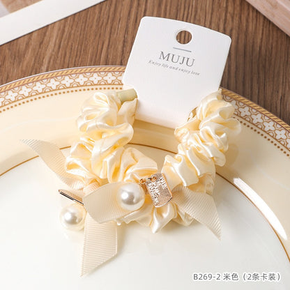 C廠【B269】2條卡裝髮繩韓版珍珠飄帶皮筋高級感褶皺小腸髮圈頭飾高馬尾頭繩 25.02-2「C廠-單筆結帳需滿，NT$500出貨(不含運費)」