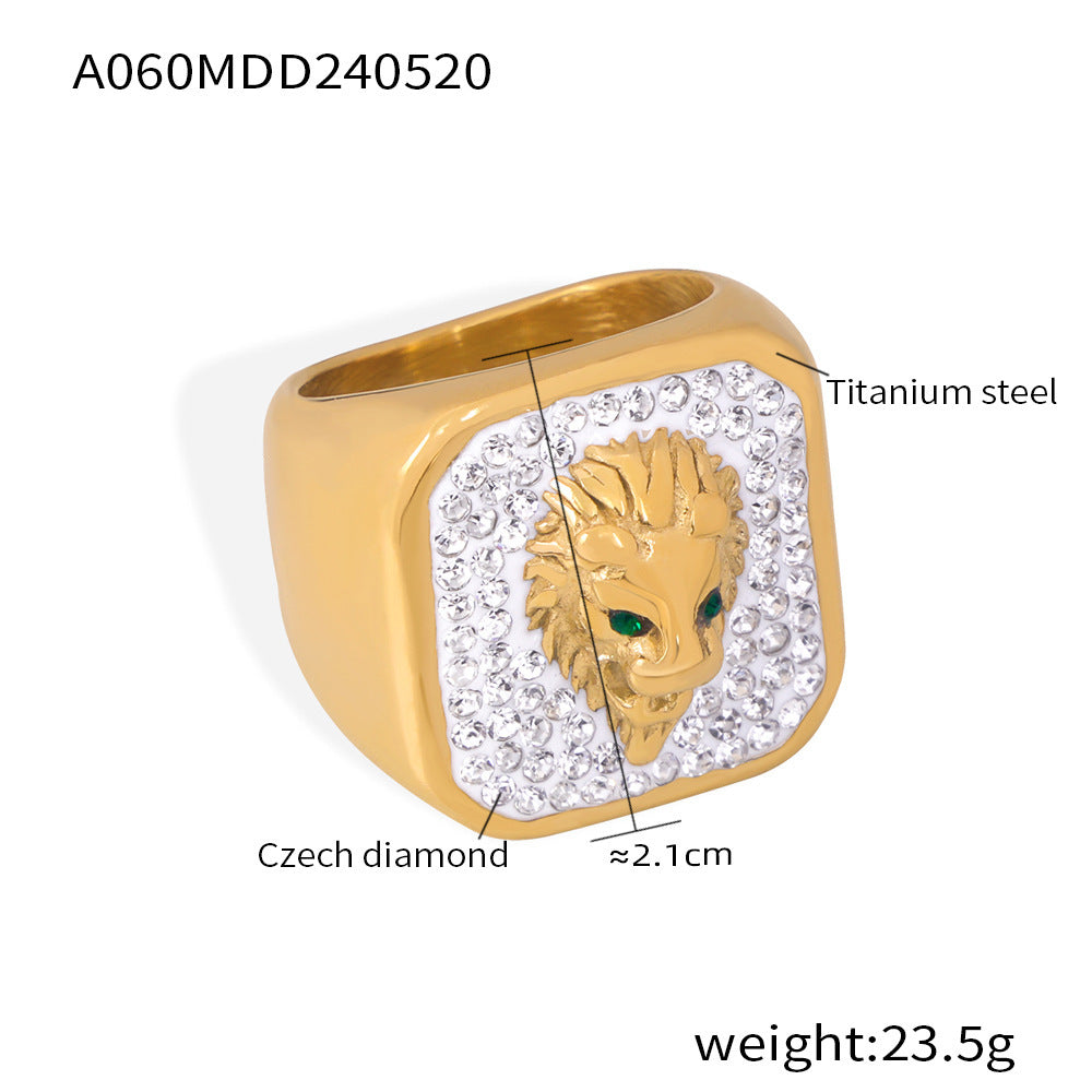B廠【P1818】跨國歐美新款嘻哈風飾品鈦鋼鍍金滿鑽方形獅子頭戒指項鍊配件套裝 24.05-5