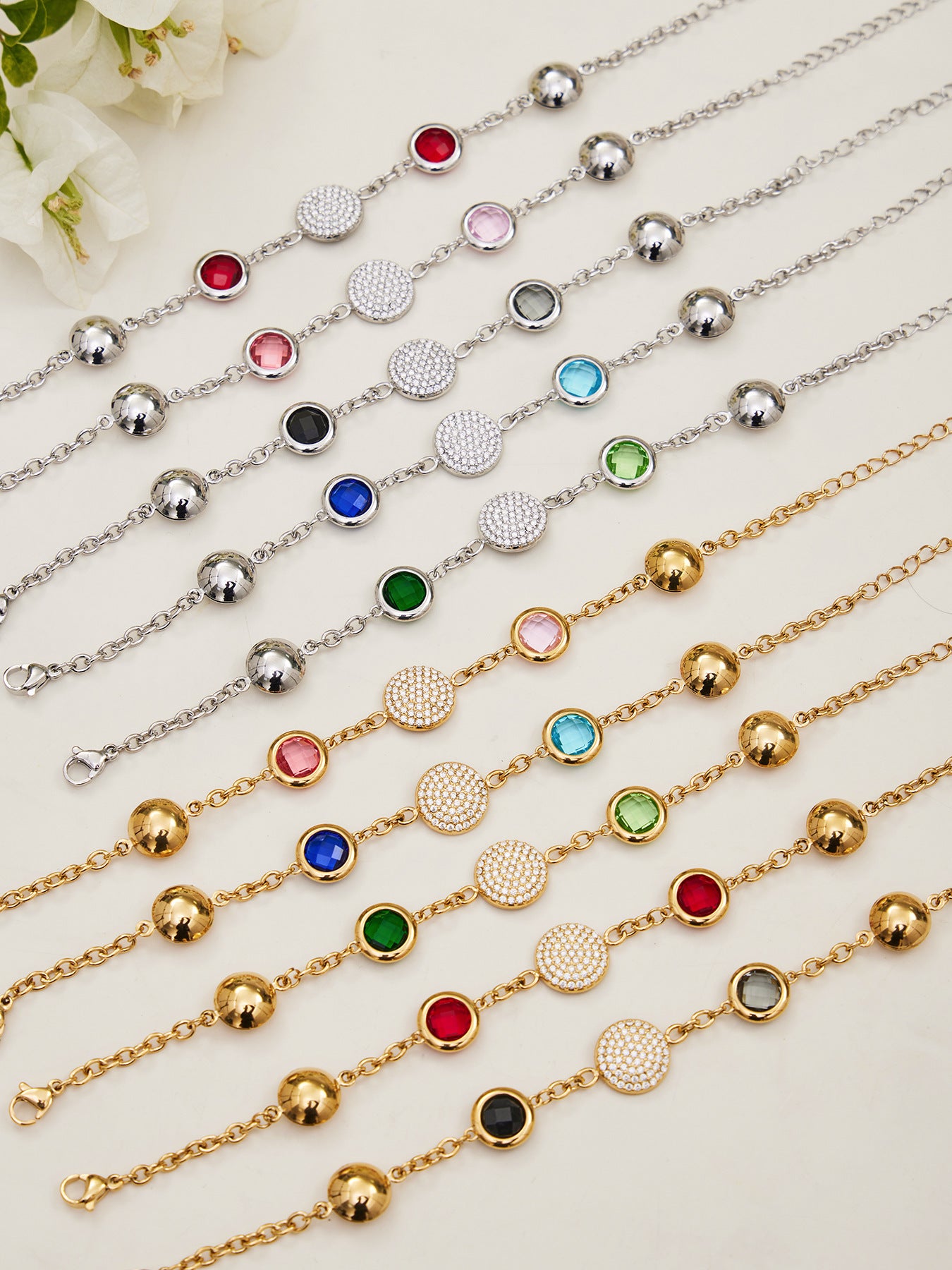 B廠【TXE508】不鏽鋼滿鑽鋯石切面包邊玻璃石手鍊耳環鍍18k真金首飾組不掉色
 25.12-1