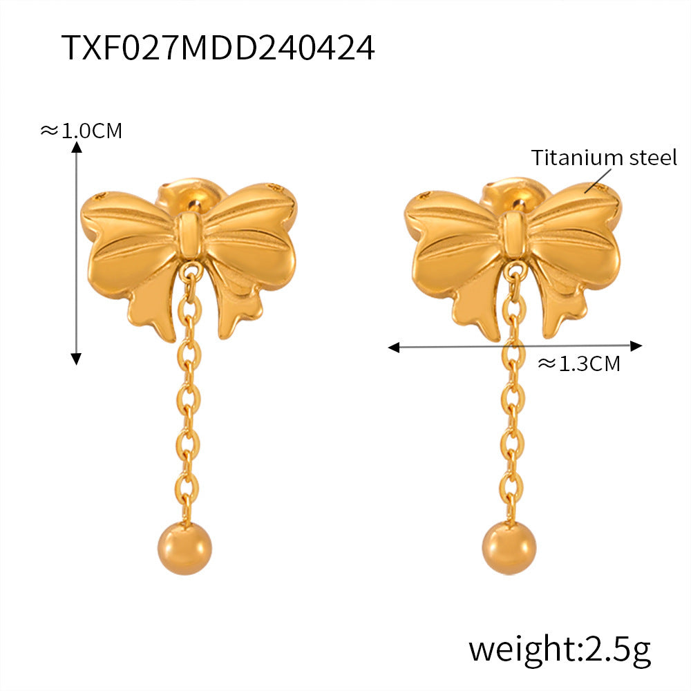 B廠【TXP027】歐美跨境蝴蝶結簡約個性項鍊女愛心長款流蘇吊墜鈦鋼耳環套裝 24.05-1