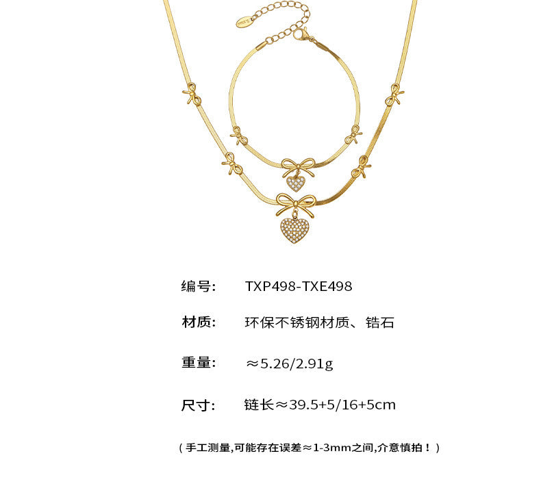 B廠【TXP499】不銹鋼蝴蝶結愛心鋯石滿鑽吊墜刀片鍊手鍊項鍊首飾組鍍18k真金
 25.11-4