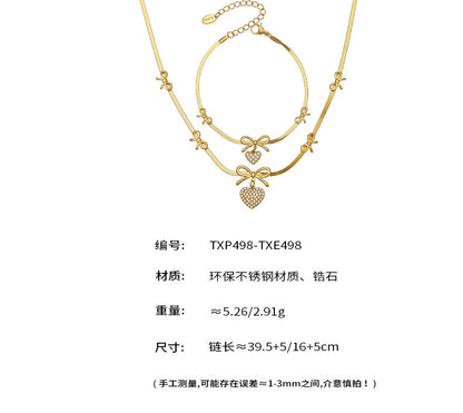 B廠【TXP499】不銹鋼蝴蝶結愛心鋯石滿鑽吊墜刀片鍊手鍊項鍊首飾組鍍18k真金
 25.11-4