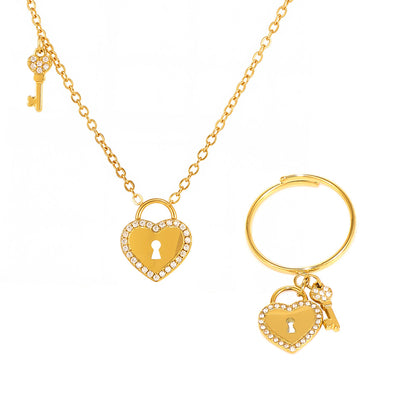 B廠【TXP299】歐美不銹鋼5A鋯石愛心鎖頭鑰匙棍吊墜鎖骨項鍊戒指飾品套裝 25.07-2