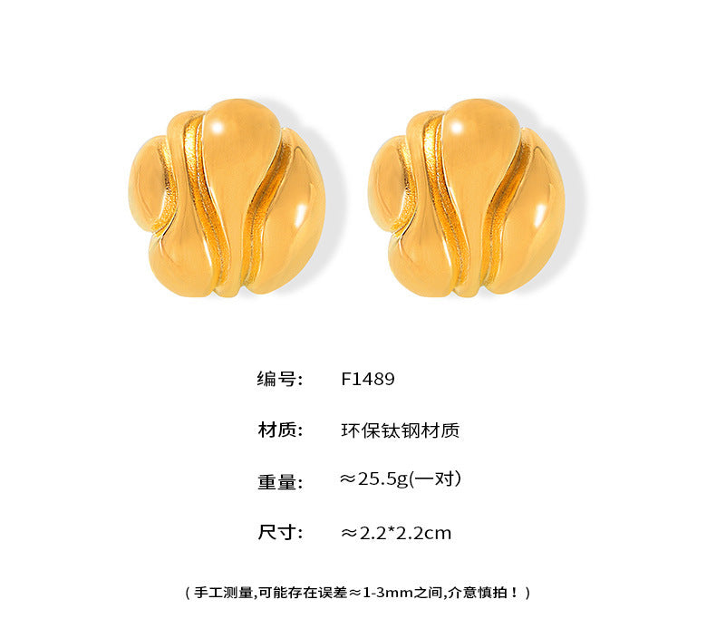 B廠【F1489】歐美誇張幾何不規則圓耳環凹凸紋理鍍18k金耳環INS風鈦鋼保色耳環 24.06-3