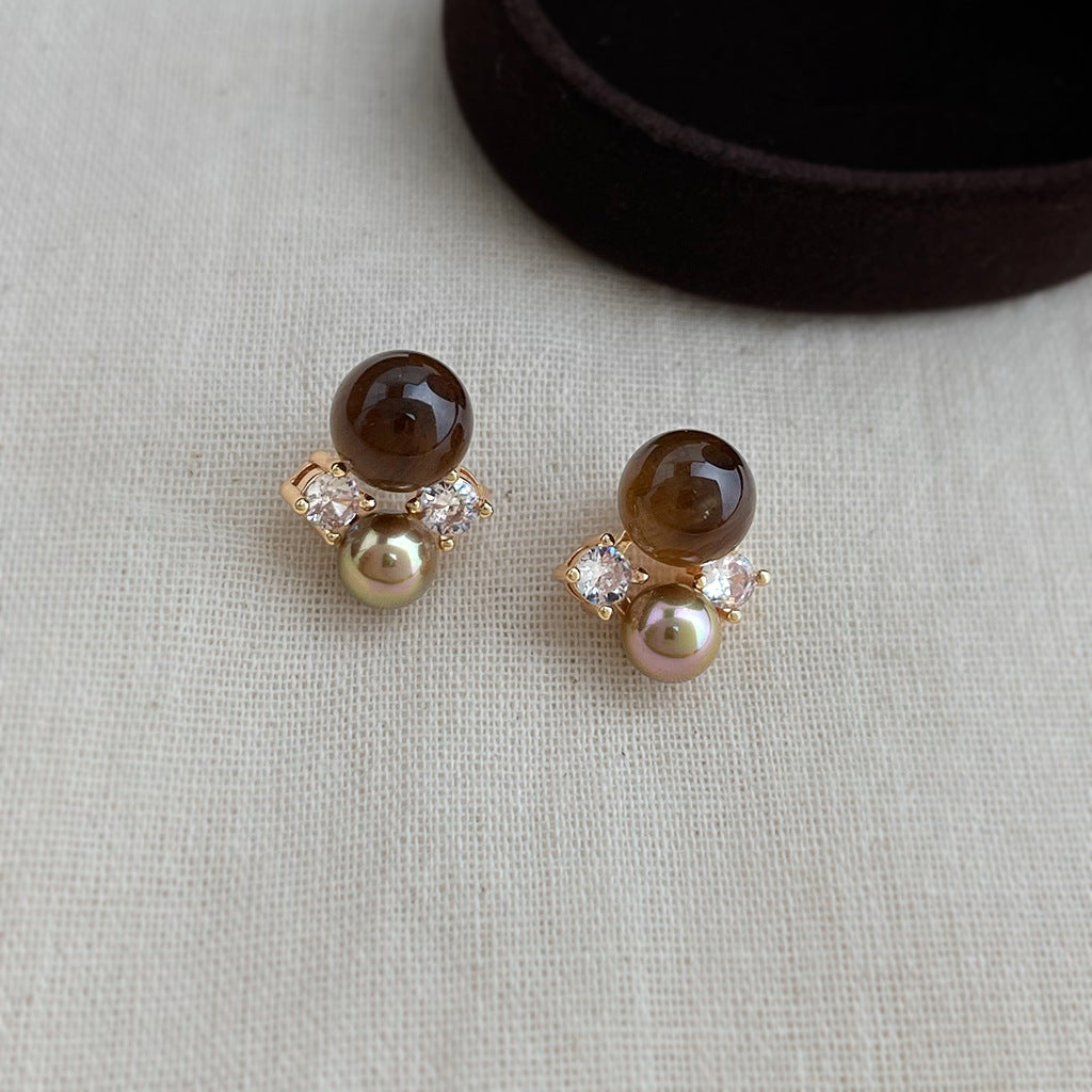 A廠【7233】美拉德風文藝復古天然石虎眼石925銀針鋯石幾何耳環新耳飾
 25.12-2