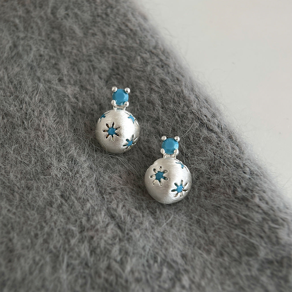 A廠【8326】藍松鋯石拉絲銀色星球輕奢銀針耳釘飾品
 26.10-4