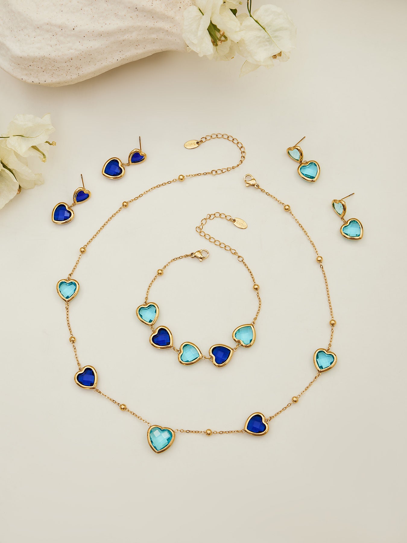 B廠【TXP510】不鏽鋼愛心切麵包邊玻璃石鋼珠項鍊手鍊耳環組鍍18k真金不掉色
 25.12-2