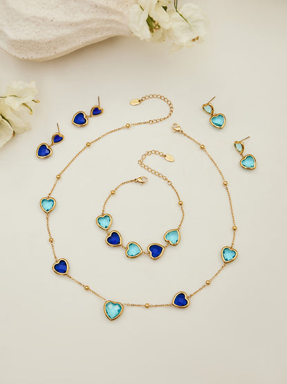 B廠【TXP510】不鏽鋼愛心切麵包邊玻璃石鋼珠項鍊手鍊耳環組鍍18k真金不掉色
 25.12-2